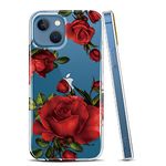 JAHOLAN Clear Case Compatible with iPhone 13 Case with Flowers, for Girls Women, Shockproof Glitter Floral Pattern Hard Back Cover Phone Case 6.1 inch 2021 - Rose Red