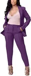 Women's 2 Piece Outfit Deep V Long Sleeve Solid Color Blazer with Pants Elegant Business Suit Sets Purple