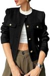 Cicy Bell Womens Cropped Tweed Blazer Jackets Collarless Button Down Business Casual Outfits with Pockets Black