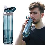 Virtuzen Water Bottle Sports - for Adults Kids, 750ML Durable Gym Plastic Bottle Tritan BPA Free for Fitness, Office, School, Workout, Leakproof Clear, Black