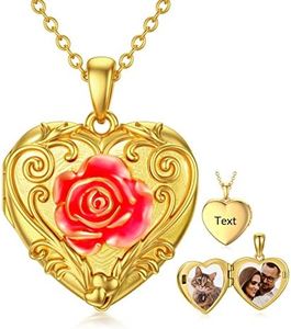 SOULMEET Personalized 10k 14k 18k Solid Gold Enamel Rose Locket Necklace That Holds 2 Pictures Personalized Letters Engraved Locket for Her (Custom photo & text)
