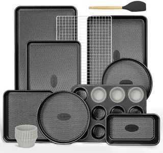 HONGBAKE 22-Piece Baking Pans Set Nonstick, Stackable Non Toxic Bakeware Sets with Diamond Texture, Oven Pan Set for Cooking, Includes Cookie Sheet with Rack, Cake Pan, Roasting Pan, Muffin Tin, Gray
