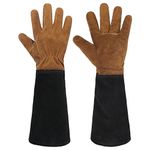 HANDLANDY Ladies Leather Gardening Gloves, Thorn Proof Long Gauntlet Garden Gloves, Elbow Length Rose Pruning Gloves Black & Brown Medium