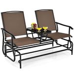 Tangkula 2 Person Glider Bench Chair, Patio Rocking Loveseat w/Center Tempered Glass Table, Outdoor Swing Bench w/Steel Frame & Breathable Mesh Fabric for Porch, Balcony, Poolside