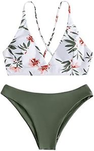 SweatyRocks Women's Sexy Bathing Suit Floral Print Cross Back Bikini Set Swimsuits White Green L