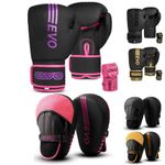 EVO Fitness Matte Black Boxing Gloves and Pads Set Punching Focus Mitts Hook and Jab Hand Target Strike Shield Training Sparring MMA Martial Arts Muay Thai Kickboxing Karate Men Women (14 OZ, Pink)