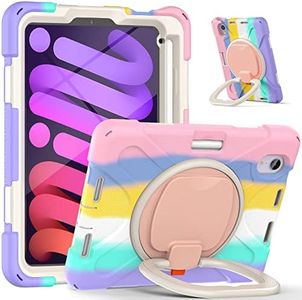 Bspring Funda de Tableta Compatible con iPad Mini 6 (8.3”, 2021) con Soporte para lápices, Resistente Híbrido PC+Silicona Carcasas Antichoque con Mango Giratorio de 360°, Arcoiris 1