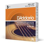 D'Addario Guitar Strings - Phosphor Bronze Acoustic Guitar Strings - EJ15-3D - Superb, Long Lasting Tone, Comfortable Playability - For 6 String Guitars - 10-47 Extra Light, 3-Pack