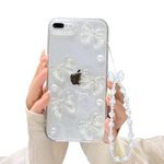 Ownest Compatible with iPhone 7 Plus/ 8 Plus Case with Clear Cute 3D Bowknots and Pearl Aesthetic Patterns for Women Teen Girls, Glitter Sparkle Back and Full Lens Protective Phone Case Cover + Chain