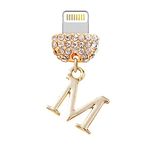 ELISE & FONDA CP565 USB Charging Port Crystal Anti Dust Plug Little Letter M Phone Charm for iPhone 13/12/11/ XS MAX/XR/X/8 Plus/7/6S/8/SE iPad iPod (Gold), approx. 1.4 cm (L) x 0.2 cm (W) x 1.3 cm