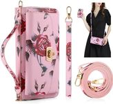 REEGINCH Crossbody Wallet Case for iPhone 15 Pro Max, Magnetic Detachable Floral PU Leather Phone Case with RFID Blocking Card Holder Wristlet Mirror Flip Zipper Shoulder Purse Bag for Women, Pink