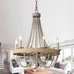 Farmhouse Beaded Chandelier 22'' Boho Wagon Wheel Chandeliers Wood Bead Ceiling Light Fixture for Living Room 6 Lights