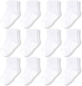 CozyWay Non-Slip Crew Grip Toddler Socks, 12 Pack for Boys & Girls, White, 1-3 Years Old