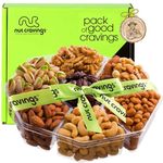 Nut Cravings Gourmet Collection - Holiday Christmas Mixed Nuts Gift Basket + Green Ribbon (7 Assortments, 2.2 LB) Xmas Arrangement Platter, Birthday Care Package - Healthy Kosher USA Made