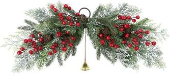 SHACOS 26 inch Artificial Christmas Swags Frosted Flocked Cedar Swag with Pine Cones Red Berries and Bells Xmas Mailbox Swag Front Door Windows Wall Swag Mantel Table Holiday Decor Indoor Outdoor