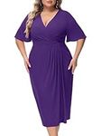 Hanna Nikole Women's Plus Size Wrap V-Neck Bell Short Sleeve Midi Dress for Wedding Guest Cocktail Party Business Events Purple, 22 Plus