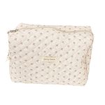 Juoxeepy Cotton Makeup Bag Large Travel Cosmetic Bag Quilted Cosmetic Pouch Coquette Aesthetic Floral Toiletry Bag, B-Beige, 9.4x6.7x3.54in