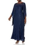 S.L. Fashions Women's Plus Size All Over Lace Gown with Chiffon Sleeves, Navy Illusion Sleeve, 14 Plus