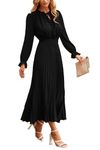 PRETTYGARDEN Women's 2024 Fall Midi Dress Casual Long Sleeve V Neck Swiss Dot Pleated A Line Flowy Dresses (Black,Large)