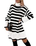 Imily Bela Women's Dresses Striped Turtleneck Pullover Dress Long Sleeve Elegant Knitted Dress Knee-Length Loose, White, XL