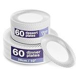 MATANA 120 Premium White Plastic Plates with Silver Rim - 60 25cm Dinner Plates, 60 18cm Dessert Plates - Elegant & Reusable Party Plates for Weddings, Birthdays, BBQ, Christmas, Parties