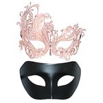 Couple Masquerade Mask Metal Masks Venetian Party Mask Halloween Costume Mask Mardi Gras Mask (Rose Gold+Black)