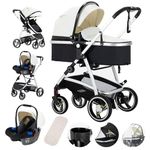 Gcarebb PU Leather 3 in 1 Pushchair, City Strollers with Car Seat, Portable One-Click Folding Walking Stick Stroller, Landscape Combined Strollers High Aluminium Frame