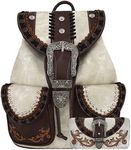 Western Style Tooled Buckle Women Country Backpack School Bag Concealed Carry Daypack Biker Purse Wallet (Beige Set)