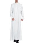 YAOHUOLE Men's Thobe Long Sleeve Muslim Tunic Robe Side Split Kaftan Abaya Thobe with Pockets White XL