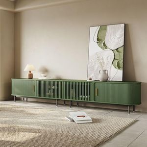 POVISON Fully-Assembled Modern Green TV Stand with Tambour Doors, Fluted TV Media Console for 100 Inch TVs, Sliding Door Entertainment Center with Storage for Living Room (Green, 118.11")