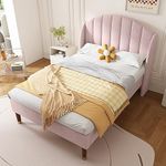 BTM Upholstered Double Bed, 4FT6 Double Bed Frame with Headboard and Wooden Slatted Support, Youth Bed, Pink Velvet Bed Frame, 135x190cm