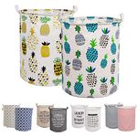 LessMo 2Pcs 19.7" Laundry Hamper, Collapsible Storage Basket With Easy Carry Handles, Waterproof Round Cotton Linen, for Baby Products, Toys, Bedroom Hamper (PINEAPPLE, Thickened 19.7"/Large)