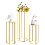 Bigsee Hexagon Pedestal Stands for Party - Gold Cylinder Pedestal Stand Wedding Centerpiece Table Decorations with Metal Panel, 3pcs Geometric Display Rack for Parties Decoration