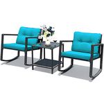 DORTALA 3 Pieces Patio Furniture Set, Rattan Rocking Chair and Glass Coffee Table for Backyard Poolside Garden, Outdoor Wicker Conversation Set w/Cushioned Seat, Set of 3 Patio Bistro Set, Blue