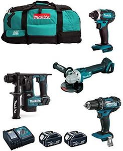 MAKITA Kit MK401 (Taladro Atornillador DDF482 + Martillo DHR171 + Mini-Amoladora DGA504 + Atornillador de Impacto DTD152 + 2 Baterías de 5,0 Ah + Cargador + LXT600)