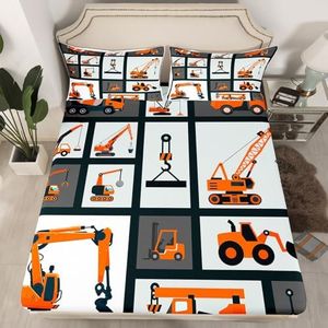 Feelyou Boys Construction Bed Sheet Set Queen Kids Cartoon Machinery Truck Bedding Set for Children Room Construction Site Car Vehicle Decor Fitted Sheet Soft Cozy Bed Cover