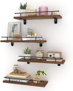HORLIMER Set of 4 Floating Shelves for Wall, Wooden Wall Shelf with Brown Shelves and Black Metal Front Rail, Ideal for Kitchen, Bedroom, Living Room, and Bathroom