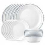 Corelle 18-Piece Dinnerware Set, Service for 6, Lightweight Round Plates and Bowls Set, Vitrelle Triple Layer Glass, Chip Resistant, Microwave and Dishwasher Safe, Caspian