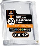 8' x 12' Clear Vinyl Tarp - Super Heavy Duty 20 Mil Transparent Waterproof PVC Tarpaulin with Brass Grommets - for Patio Enclosure, Camping, Outdoor Tent Cover, Porch Canopy - by Xpose Safety