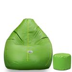 LEXAVI Brand® - Bean Bag with Footrest Filled with Beans, 4XL Large Jumbo Size in Faux Leather - (4XL, Green with Yellow Piping)