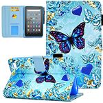 KEROM Case for Fire 7 Tablet (9th/7th/5th Generation, 2019/2017/2015 Release), PU Leather Stand Cover Case with Auto Wake/Sleep, Blue Butterfly