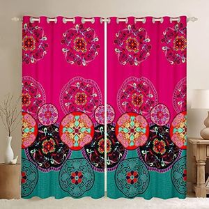 Loussiesd Boho Mandala Window Curtains for Bedroom Living Room Bohemian Style Curtains for Kids Girls Exotic Floral Window Drapes Rose Red Green Soft Window Treatments W46*L54