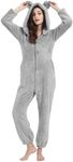 PEHMEA Women's Onesie Pajamas Sherpa Plush Hooded Romper Cozy Winter Sleepwear Holiday Party One Piece PJs for Adults, Teens(Grey-XL)