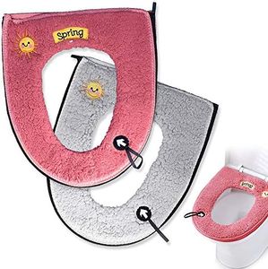 2PCS Warm Plush Toilet Seat Cover Pad with Handle and Zipper Washable and Reusable (Pink+Gray)