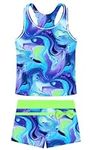 ACOCOPY Bathing Suits for Girls Brilliant Blue Two Piece Tankini Sets Swimsuit Summer Tank Boyshorts Swimwear Size 10-11