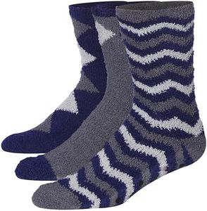 JAMES FIALLO Men's 3-Pairs Bed Socks For Elderly Blue Grey Argyle Accents Zigzags Patterned Or Solid Anti-Skid Soft Fuzzy Crew Socks, MZ02-A-T1