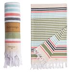 BAROOGA Beach Towel, 100% Turkish Cotton Bath Towel with Colorful Stripes, (90 x 180 cm) Prewashed, Soft and Quick Dry Peshtemal for Beach, Bath, Swimming Pool, SPA (Green)