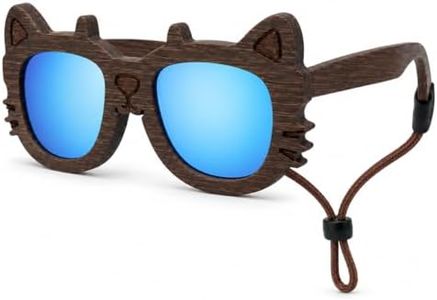 LNOOPZYL Kids Wooden Cat-Shaped Sunglasses with Ears, Wood Frame, Multiple Lens Colors, Ages 2-8, Includes Case, Cloth and Strap (BrownWood-IceBlue)