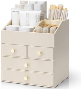VLANDO Makeup Organizer for Vanity, PU Leather Cosmetic Organizer with 4 Drawers, Large Bathroom Countertop Skin Care Storage for Perfume Lipstick Brushes, Dresser Organizer for Women-Beige