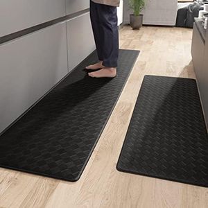Color&Geometry 2 Pieces Anti Fatigue Cushioned Kitchen Mats, 4Ft 6Ft Memory Foam Kitchen Rug Set Comfort Standing Mat, Waterproof Oil Proof Non-Skid/Slip Rubber Back Kitchen Floor Mat, Black